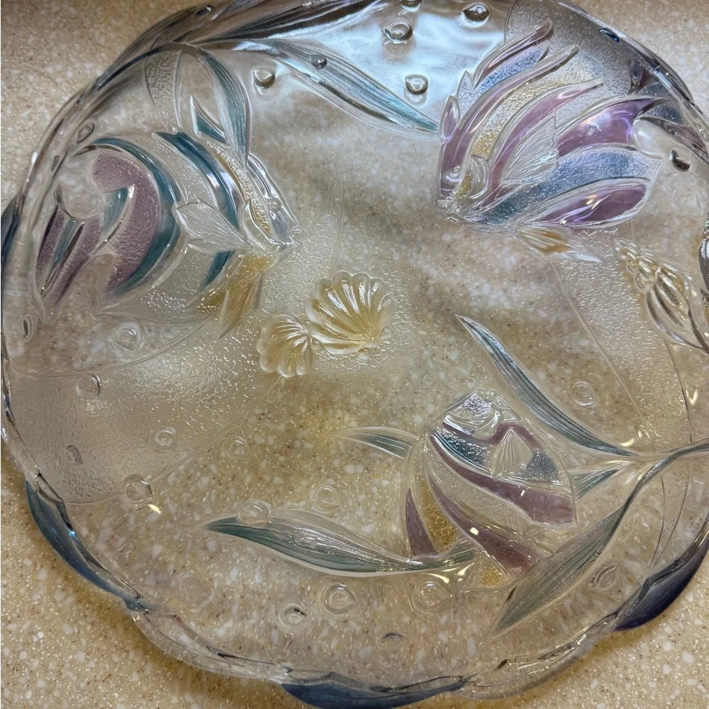 Mikasa Vintage Tropical Key Largo Glass Plate Fish Design 15 inch Blue and Gold